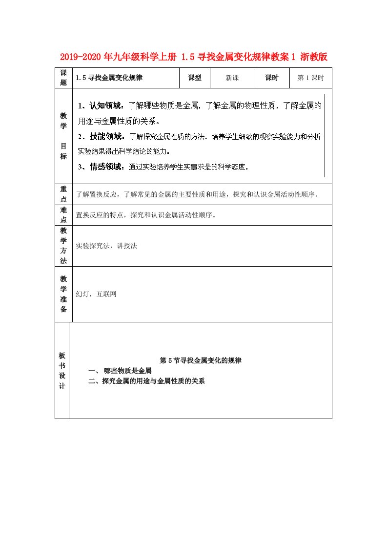 2019-2020年九年级科学上册