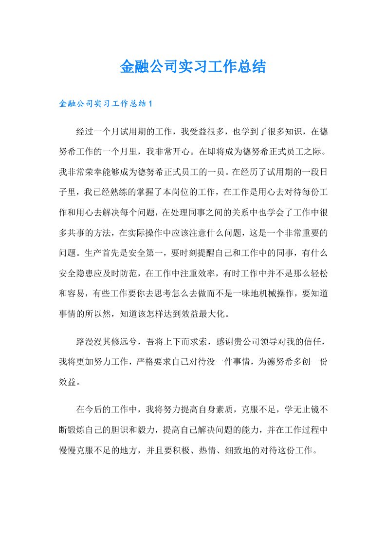 金融公司实习工作总结