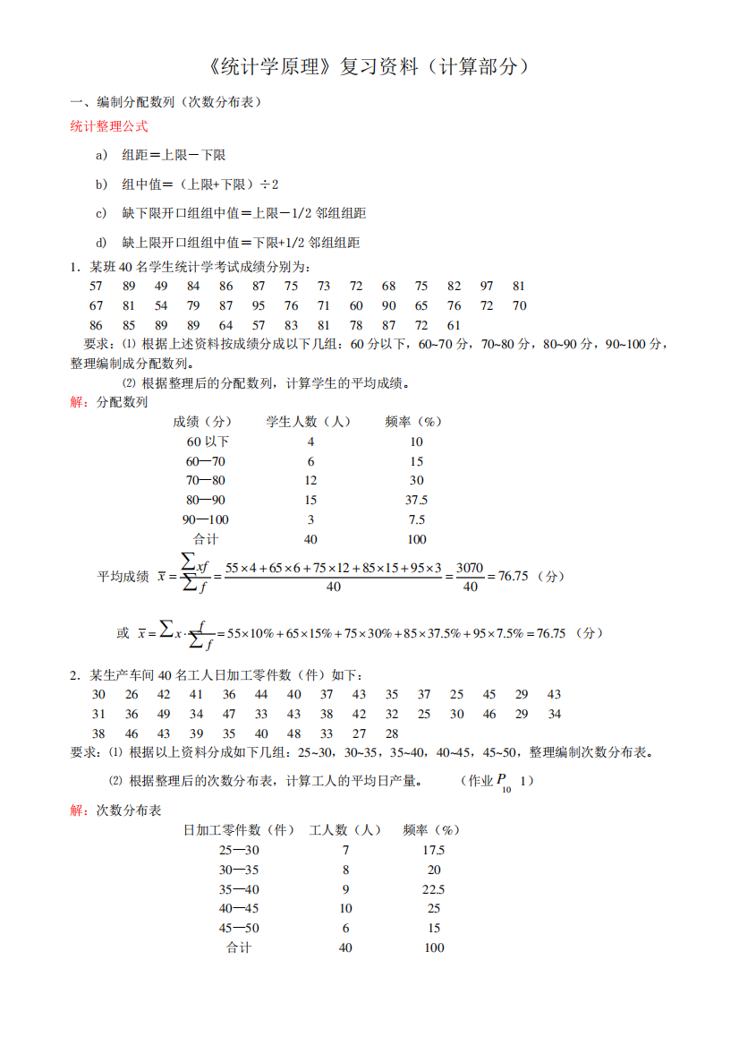 统计学原理计算题(公式)复习资料