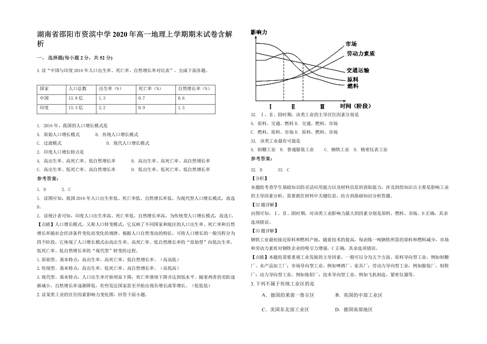 湖南省邵阳市资滨中学2020年高一地理上学期期末试卷含解析