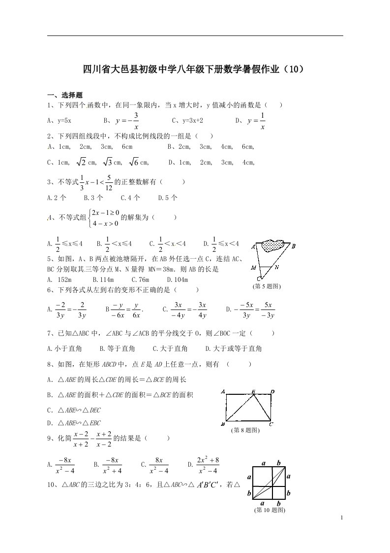 中学八年级下册数学暑假作业10