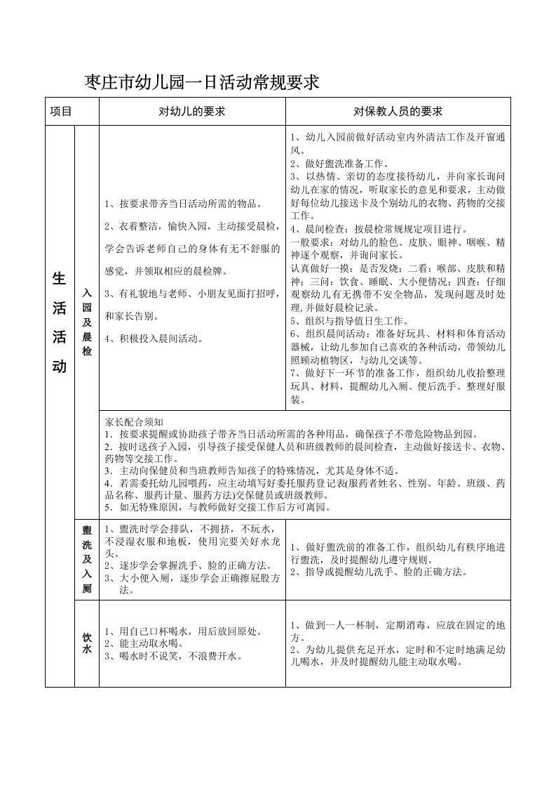 枣庄幼儿园一日活动常规要求