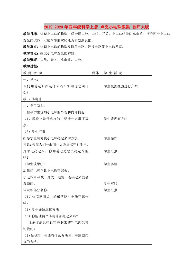 2019-2020年四年级科学上册