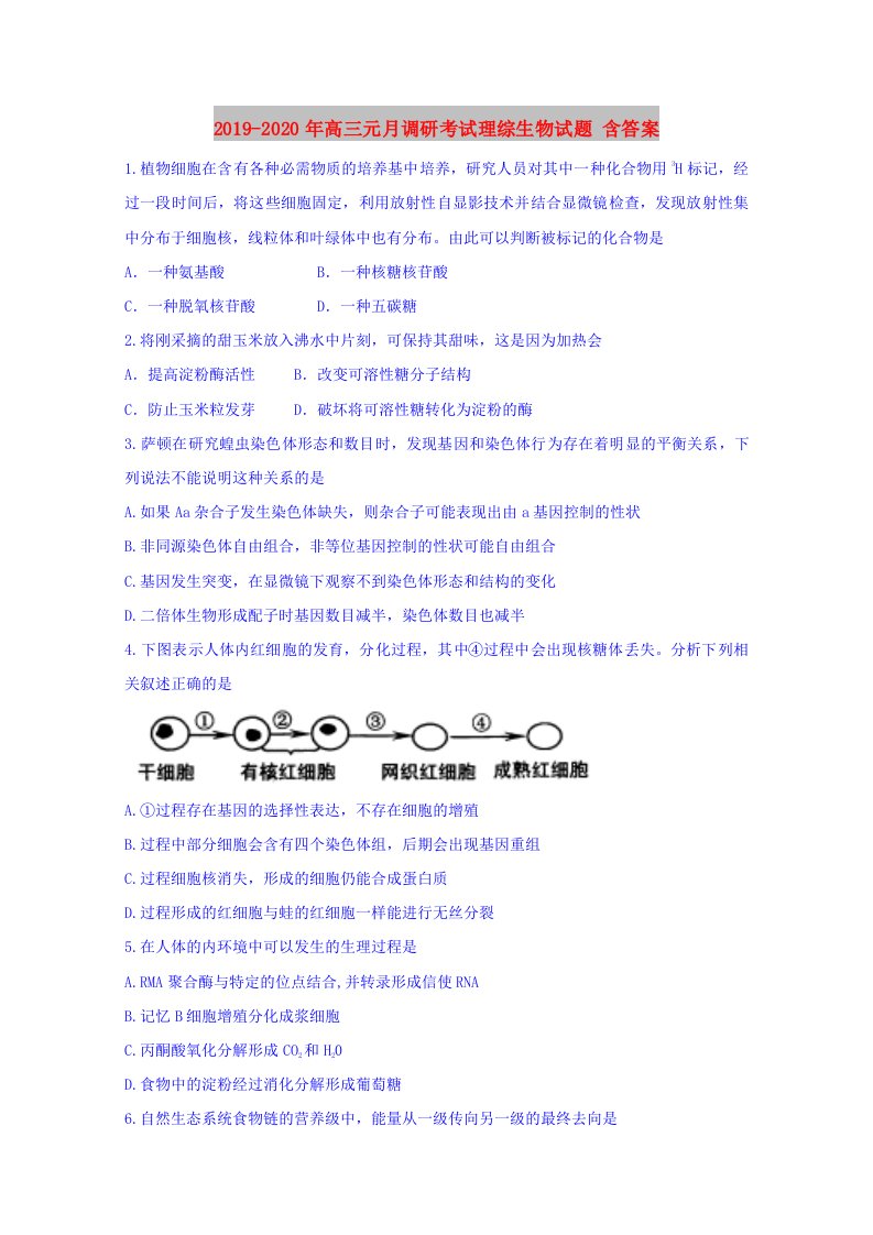 2019-2020年高三元月调研考试理综生物试题