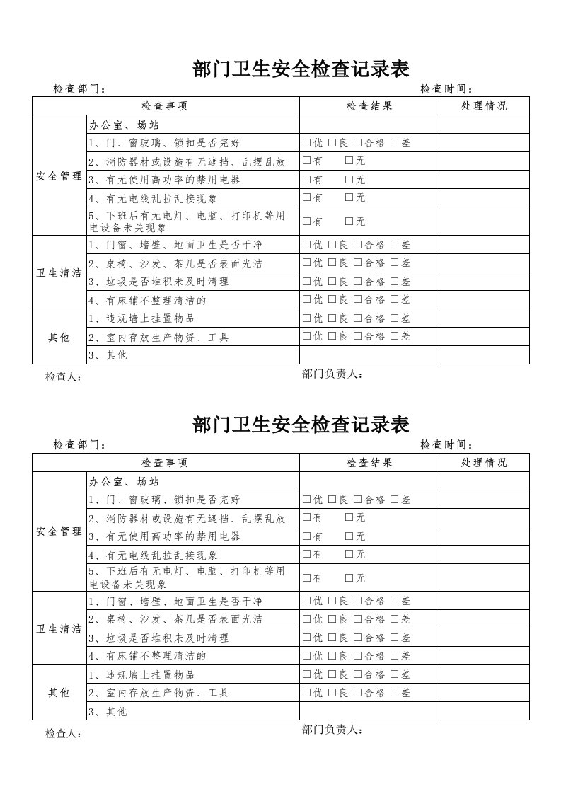 办公室卫生安全检查记录表