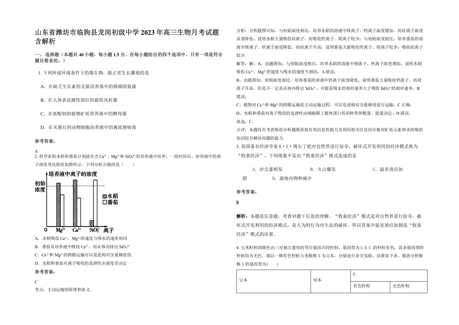 山东省潍坊市临朐县龙岗初级中学2023年高三生物月考试题含解析