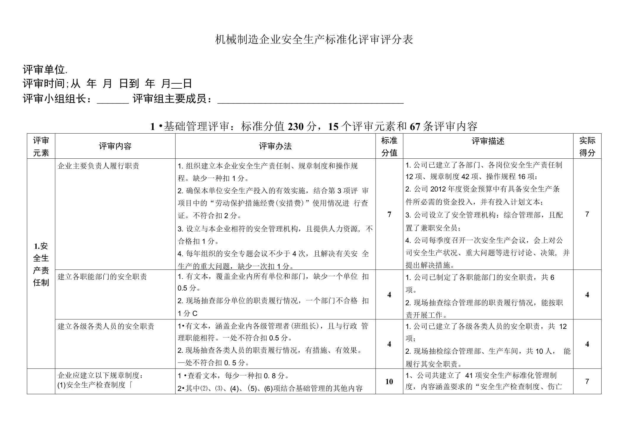 机械制造企业安全生产标准化评审评分表