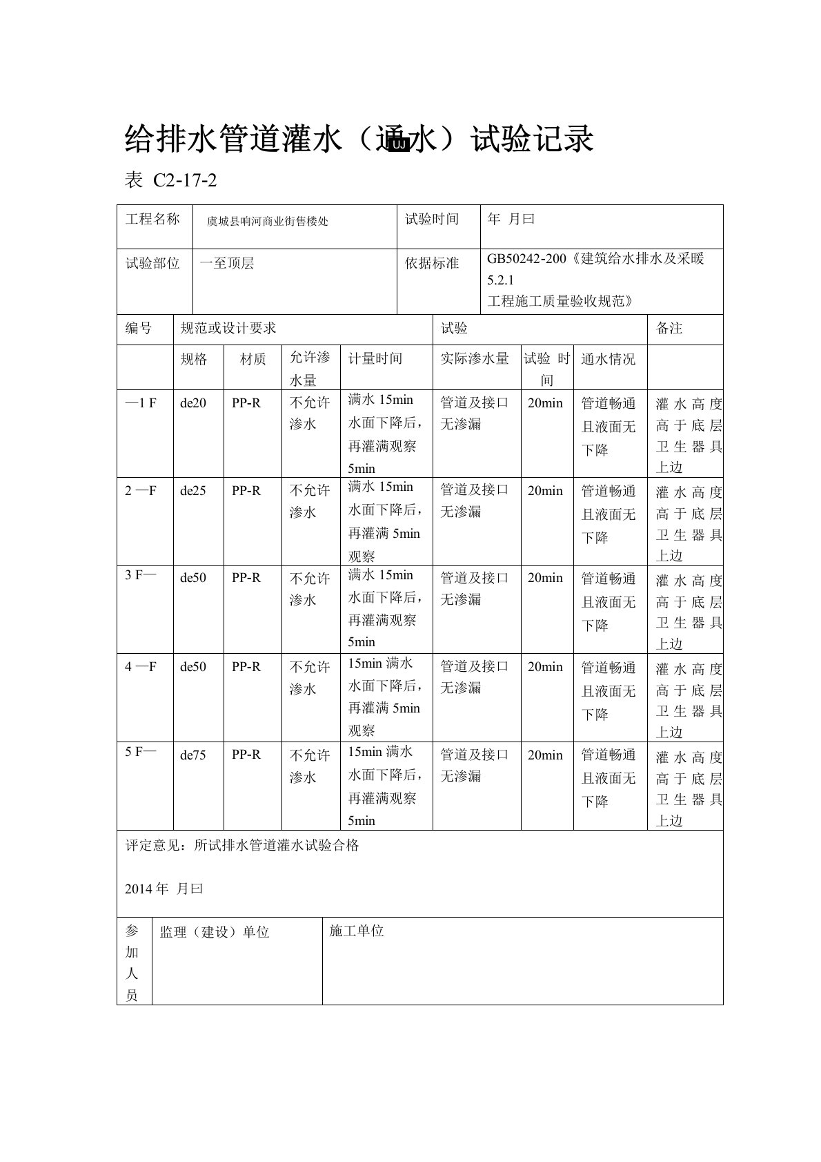 给排水管道灌水通水试验记录