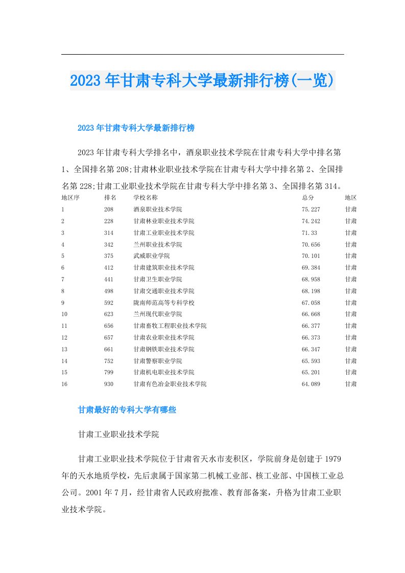 甘肃专科大学最新排行榜(一览)