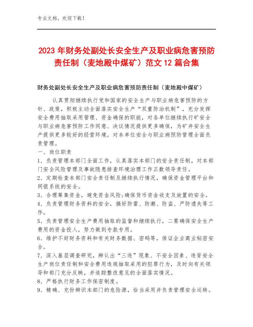 2023年财务处副处长安全生产及职业病危害预防责任制（麦地殿中煤矿）范文12篇合集