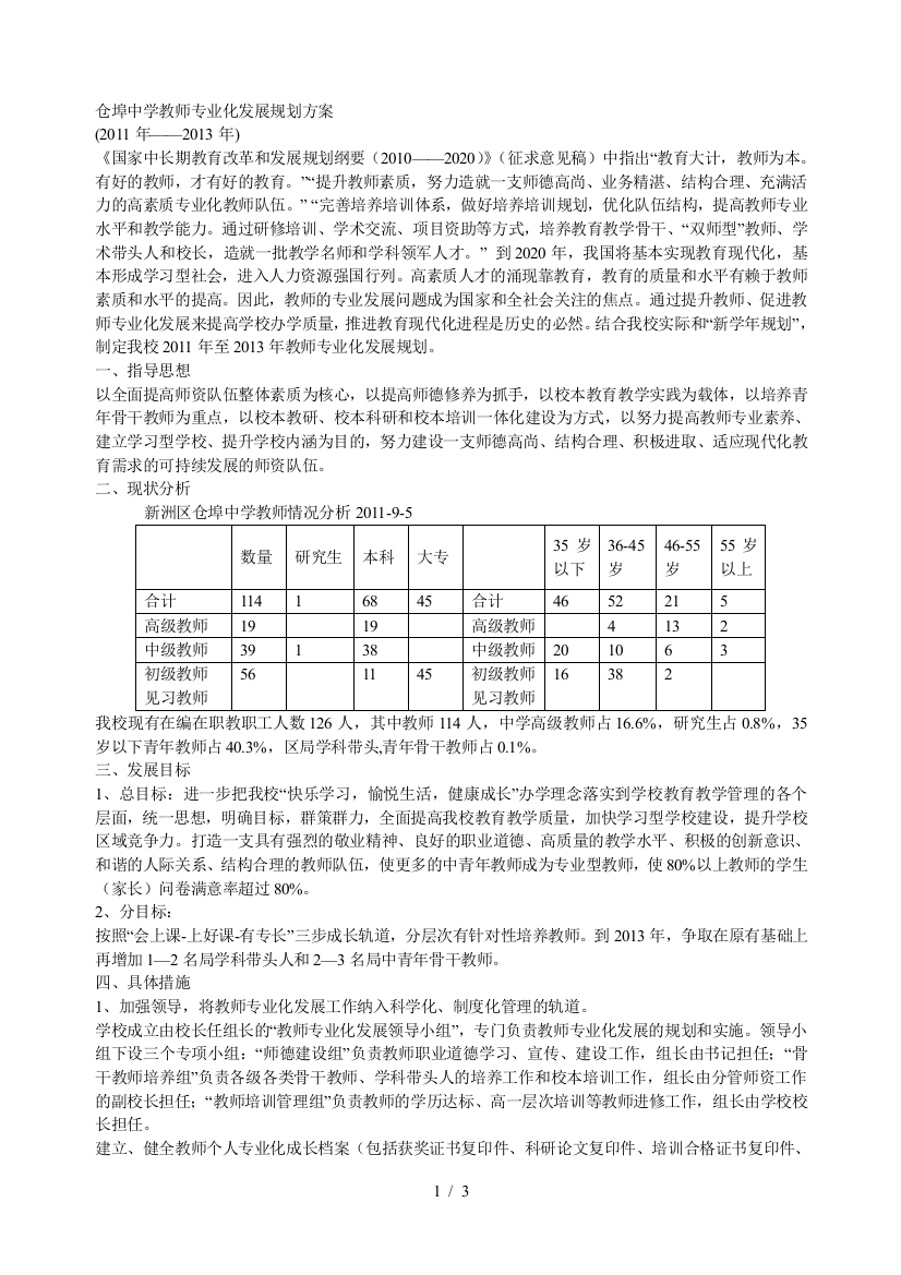 仓埠中学教师专业化发展规划方案