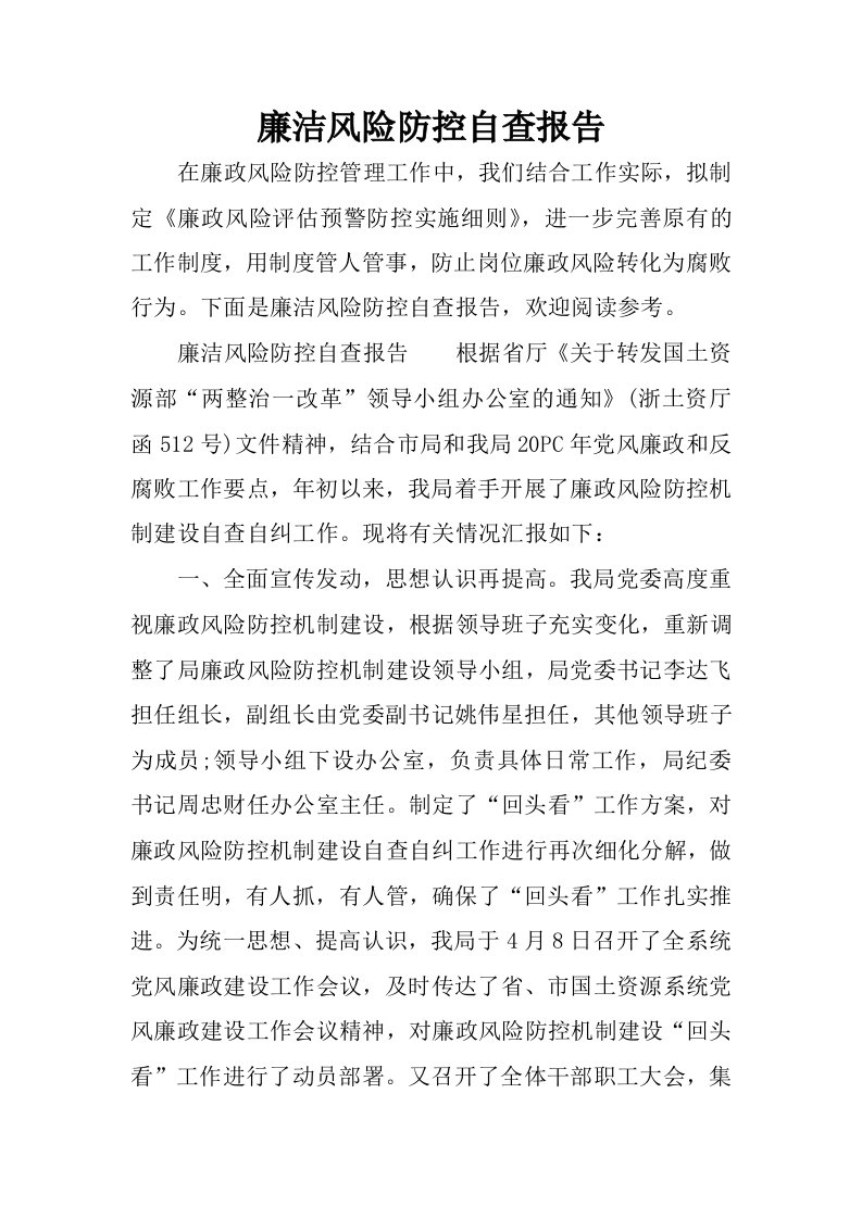 廉洁风险防控自查报告.docx