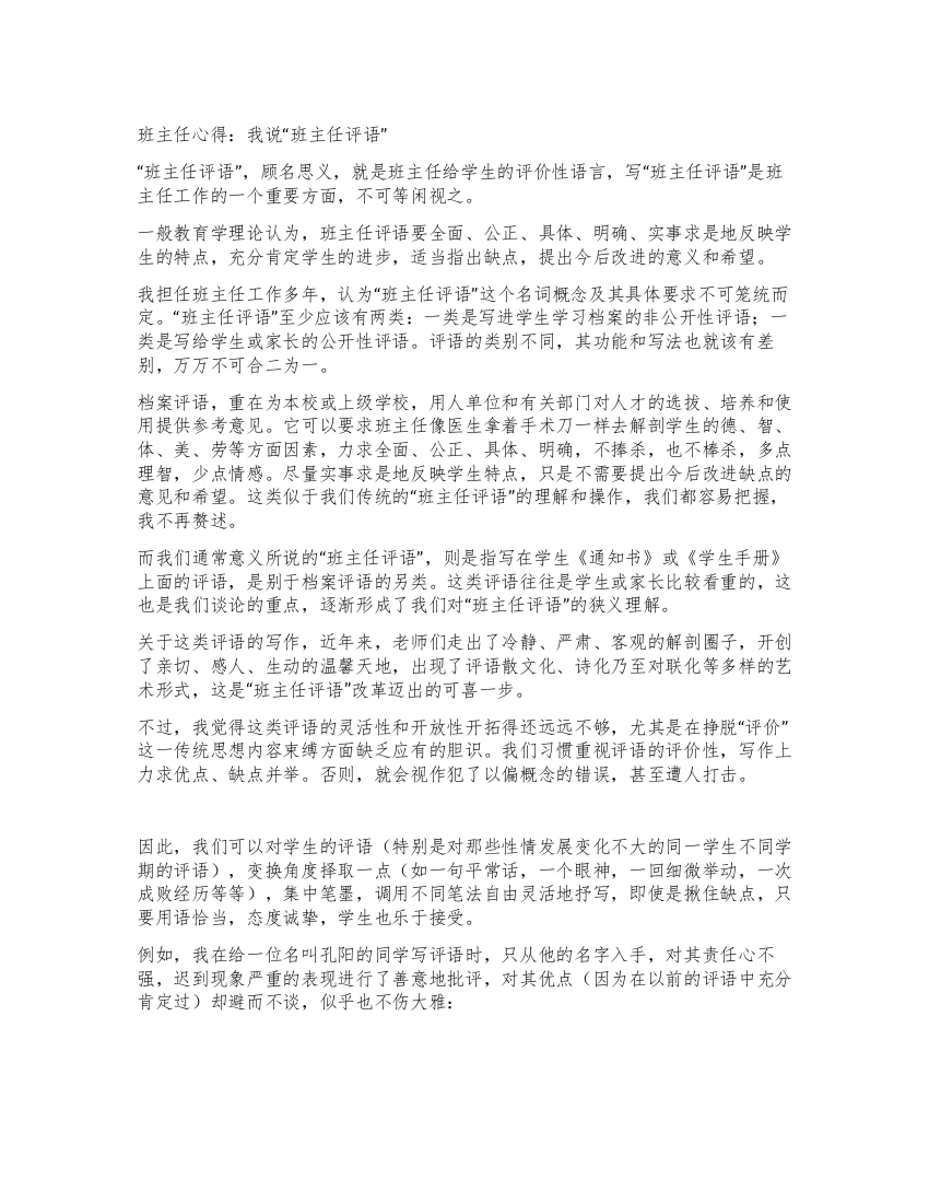 班主任心得我说“班主任评语