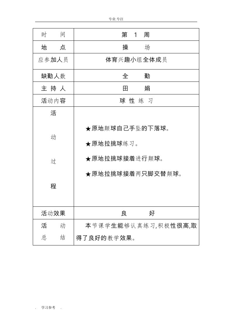 小学体育兴趣小组活动记录文本