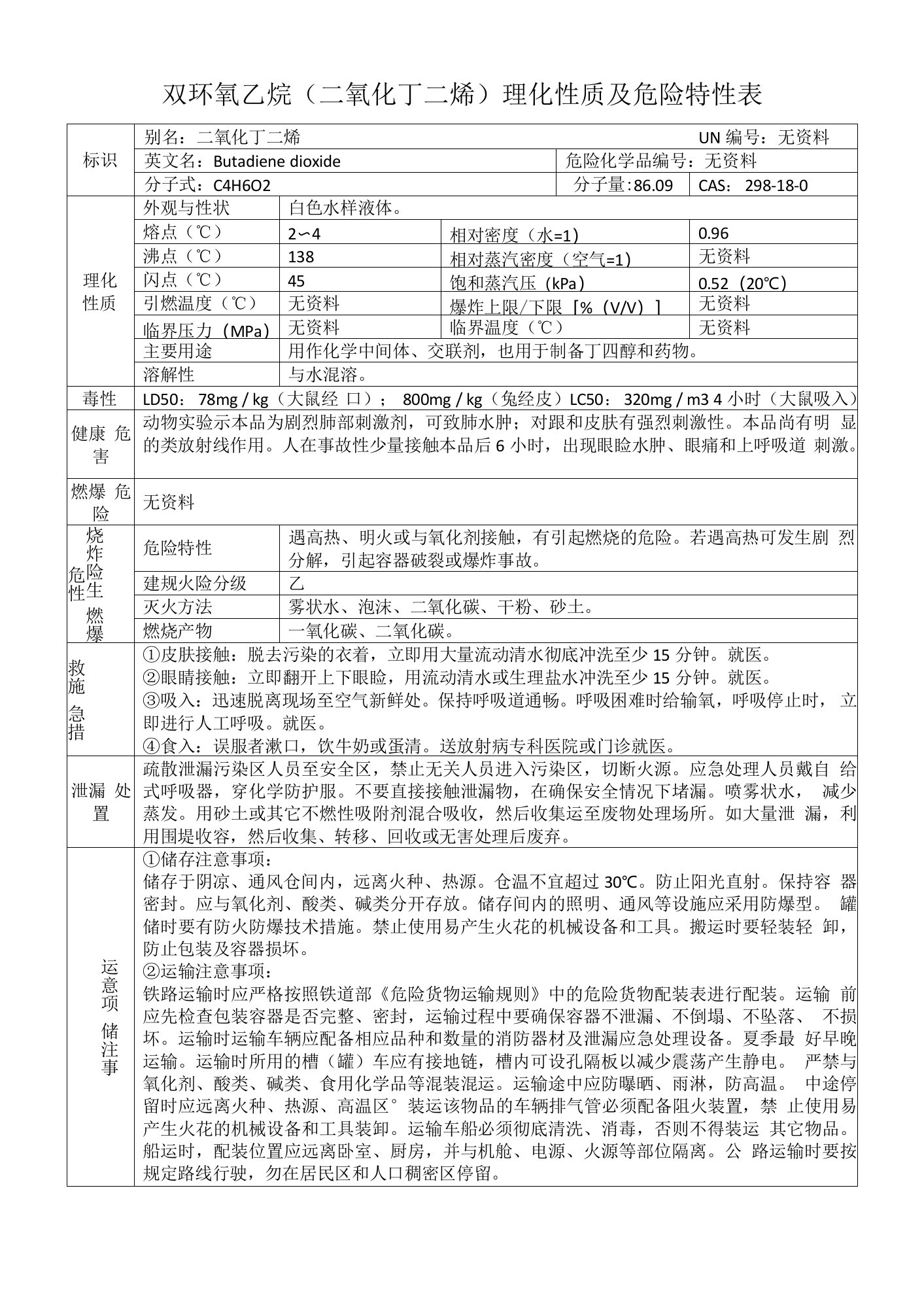 双环氧乙烷（二氧化丁二烯）的理化性质及危险特性表