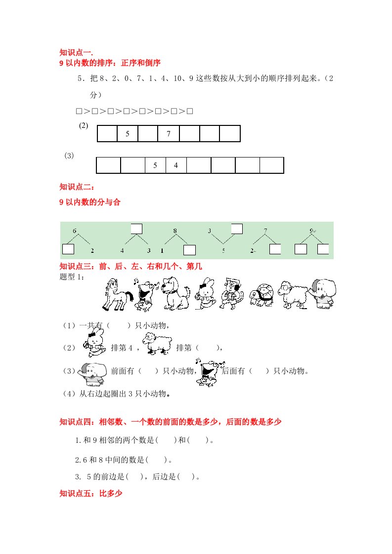 一年级上册数学期中复习知识点题型