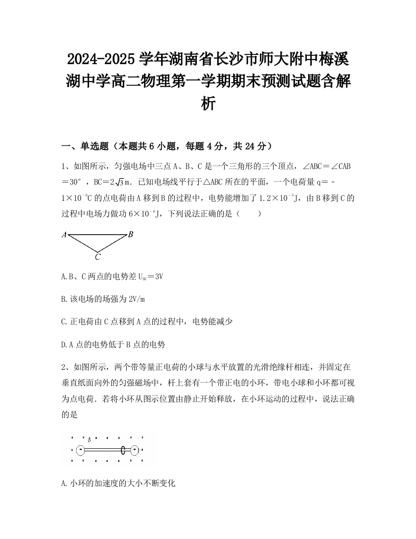 2024-2025学年湖南省长沙市师大附中梅溪湖中学高二物理第一学期期末预测试题含解析