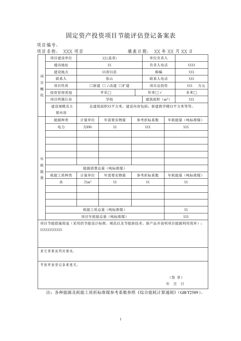 固定资产投资项目节能评估登记备案表