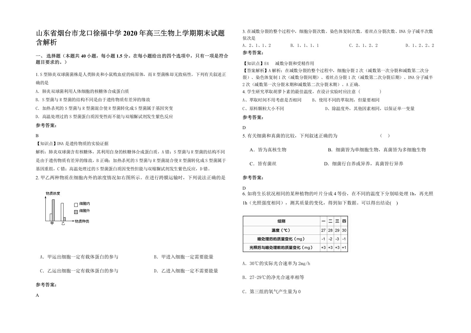 山东省烟台市龙口徐福中学2020年高三生物上学期期末试题含解析