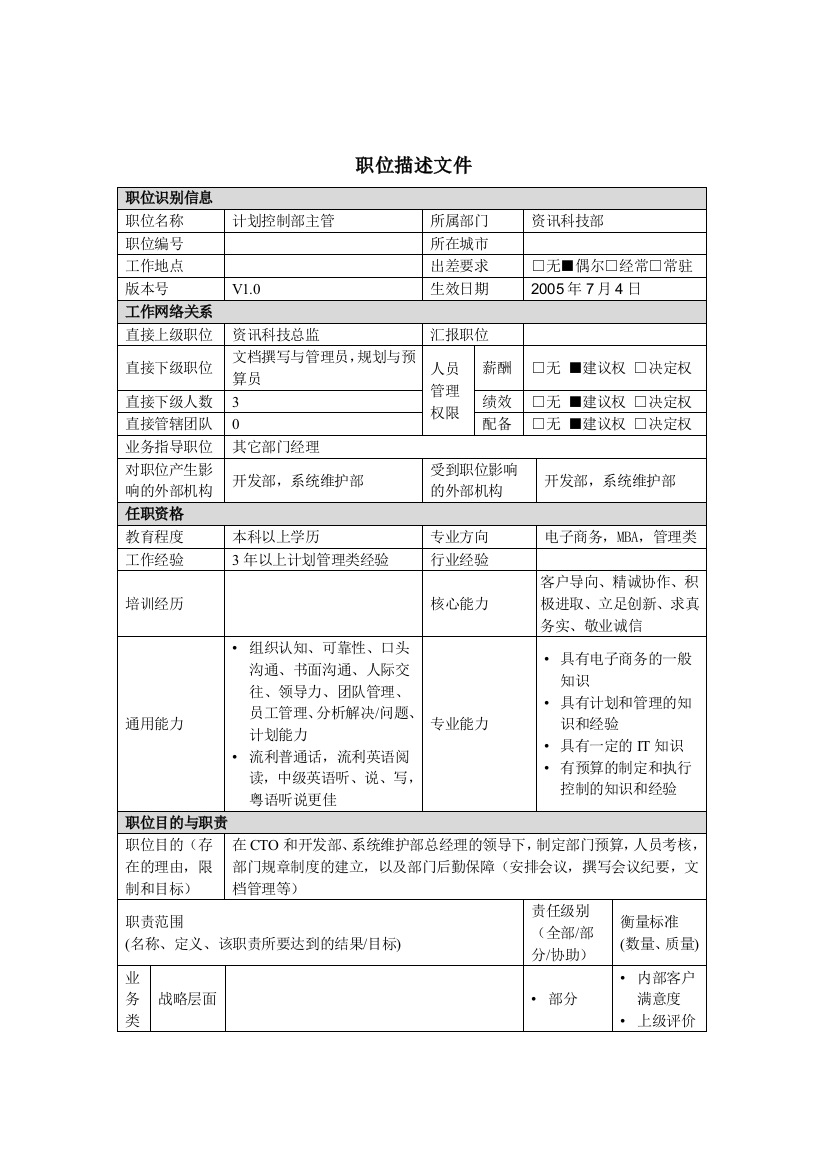 计划控制部主管岗位说明书