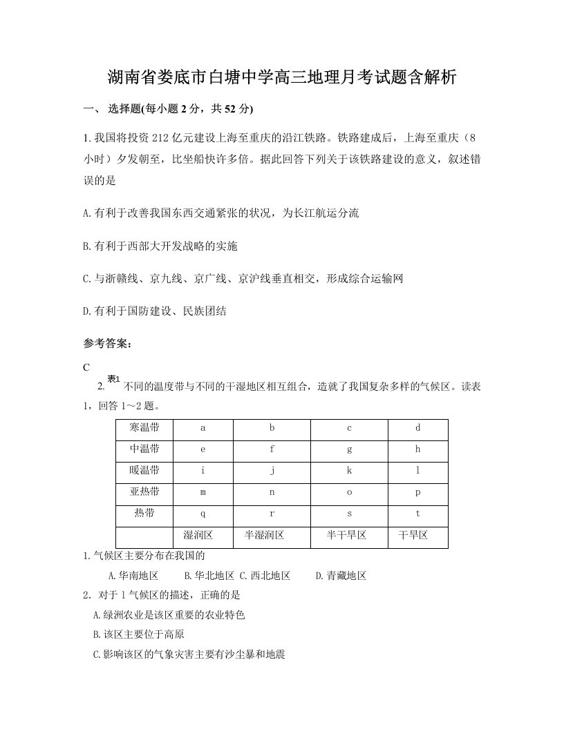 湖南省娄底市白塘中学高三地理月考试题含解析