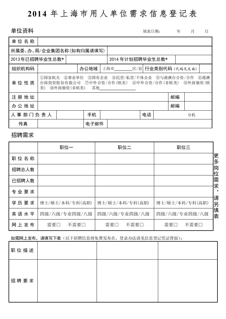 上海市用人单位需求信息登记表