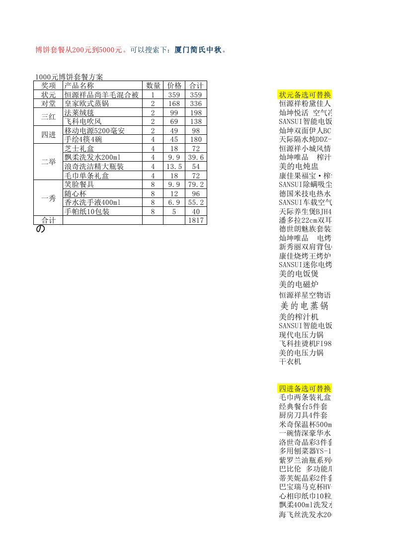 1000元厦门中秋博饼套餐方案--简氏中秋