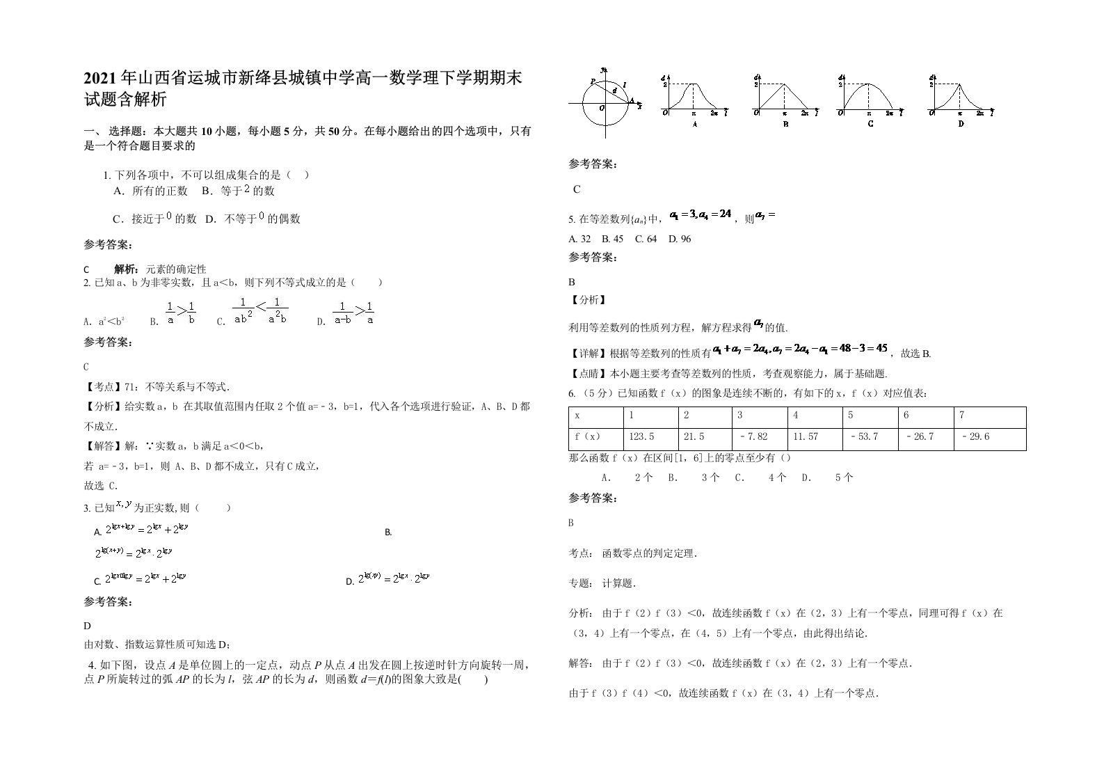 2021年山西省运城市新绛县城镇中学高一数学理下学期期末试题含解析