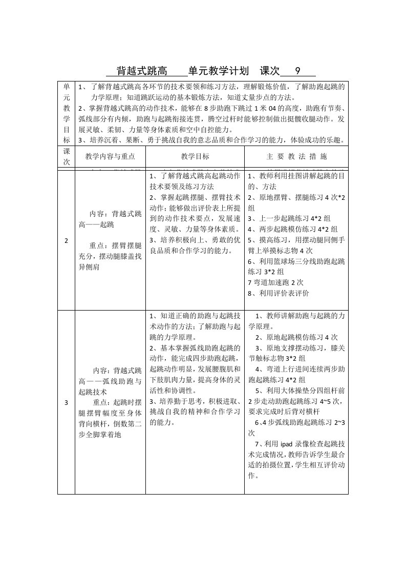 背越式跳高单元教学计划