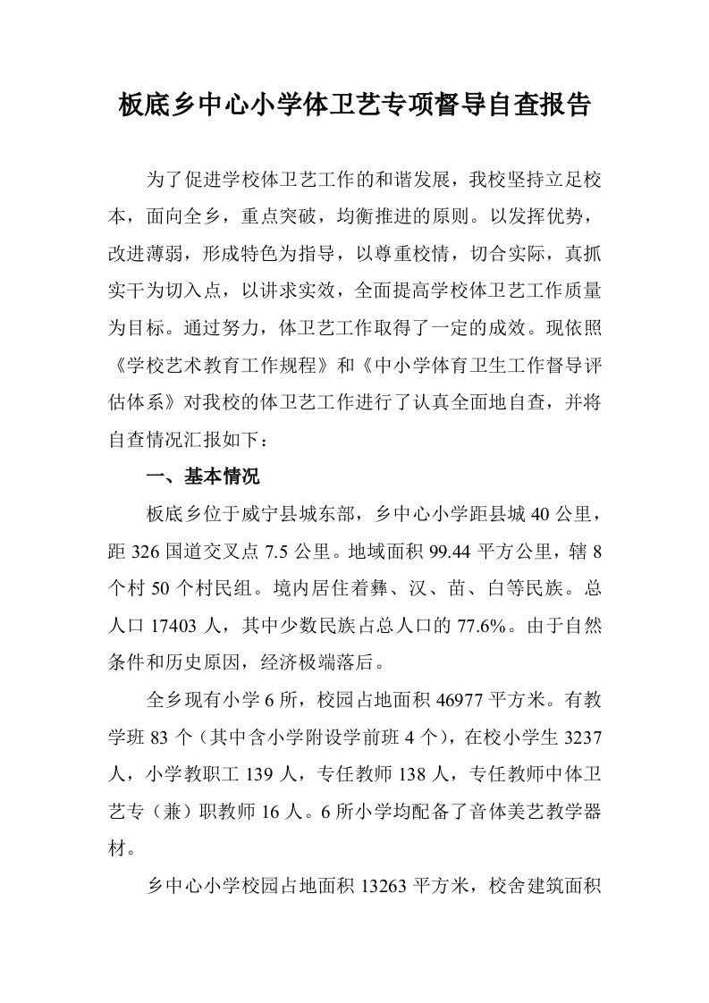 板底乡中心小学体卫艺专项督导自查报告