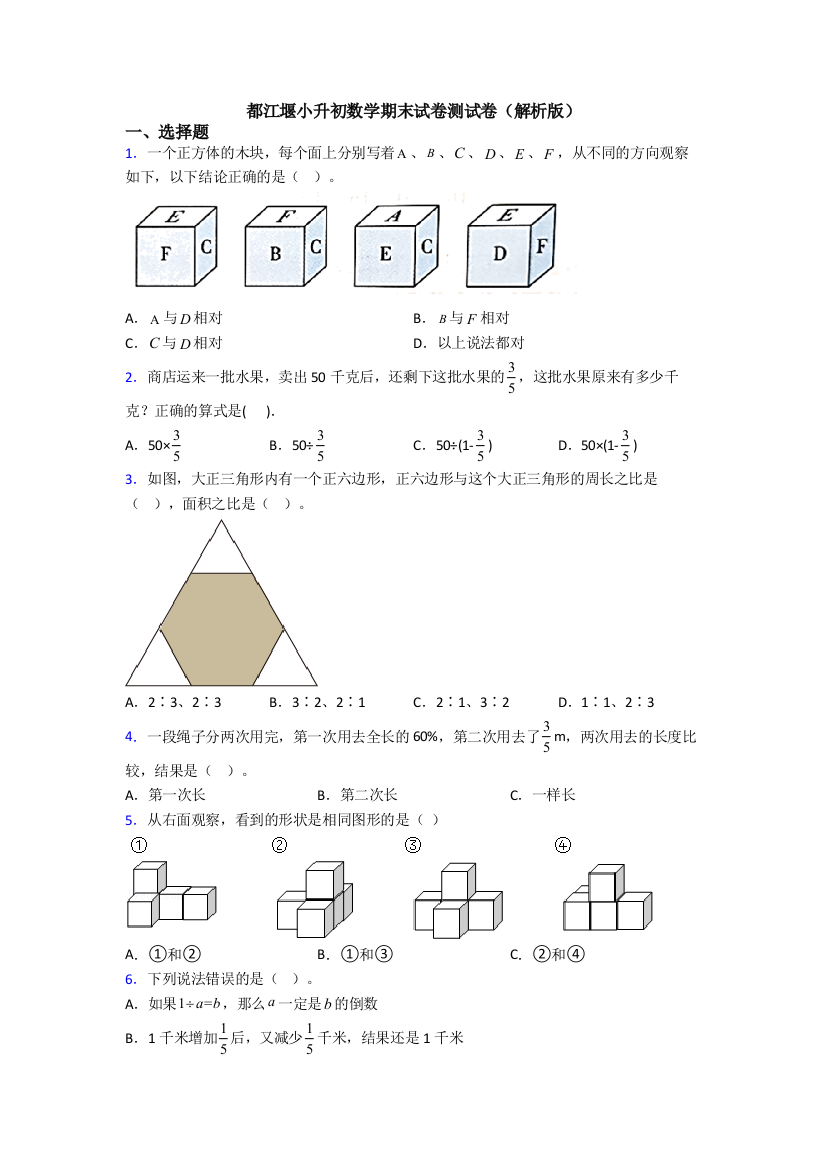 都江堰小升初数学期末试卷测试卷（解析版）