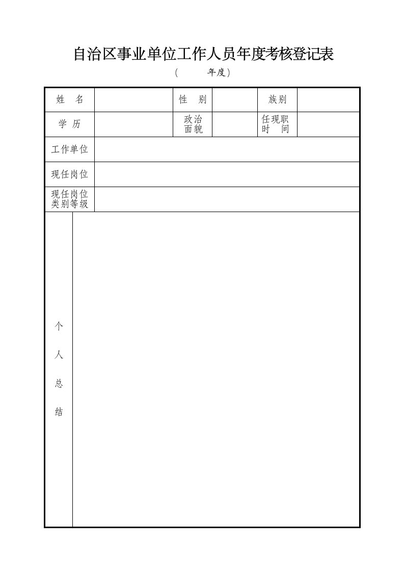 事业单位年度考核登记表