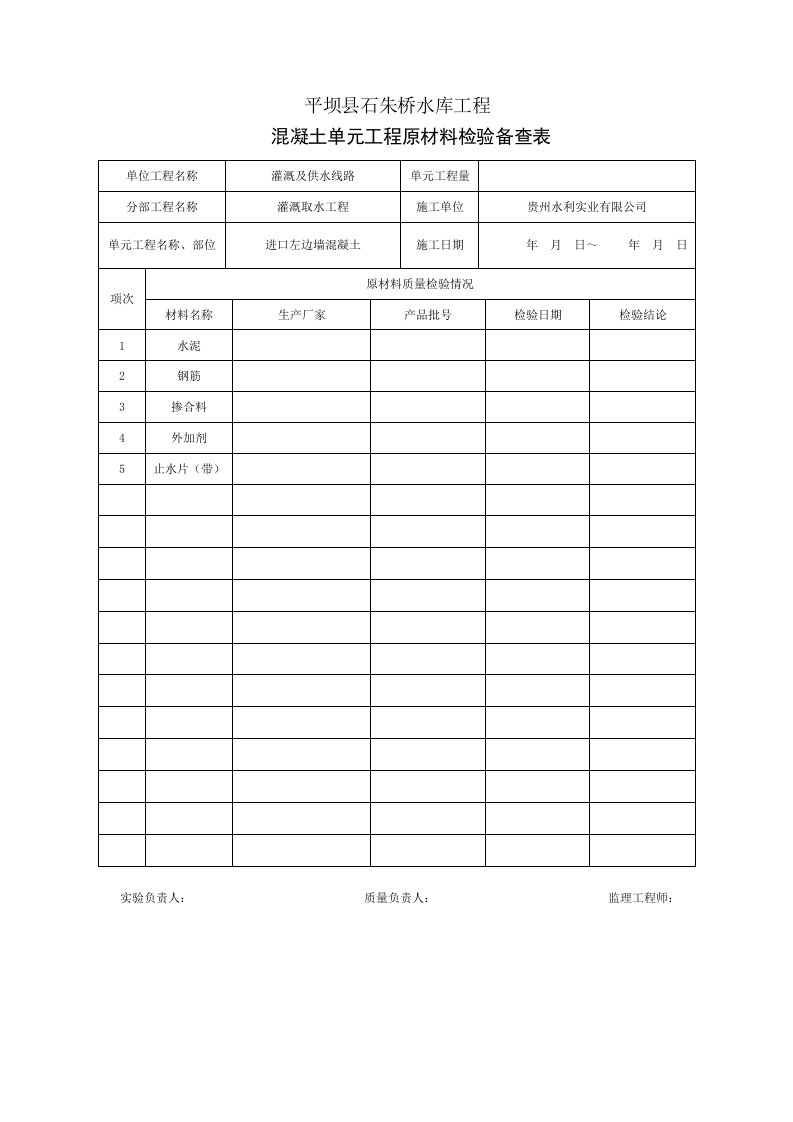 混凝土单元评定原材料检验备查表