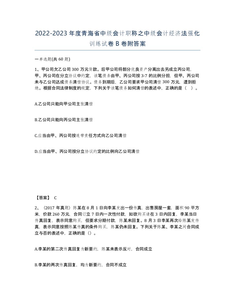 2022-2023年度青海省中级会计职称之中级会计经济法强化训练试卷B卷附答案