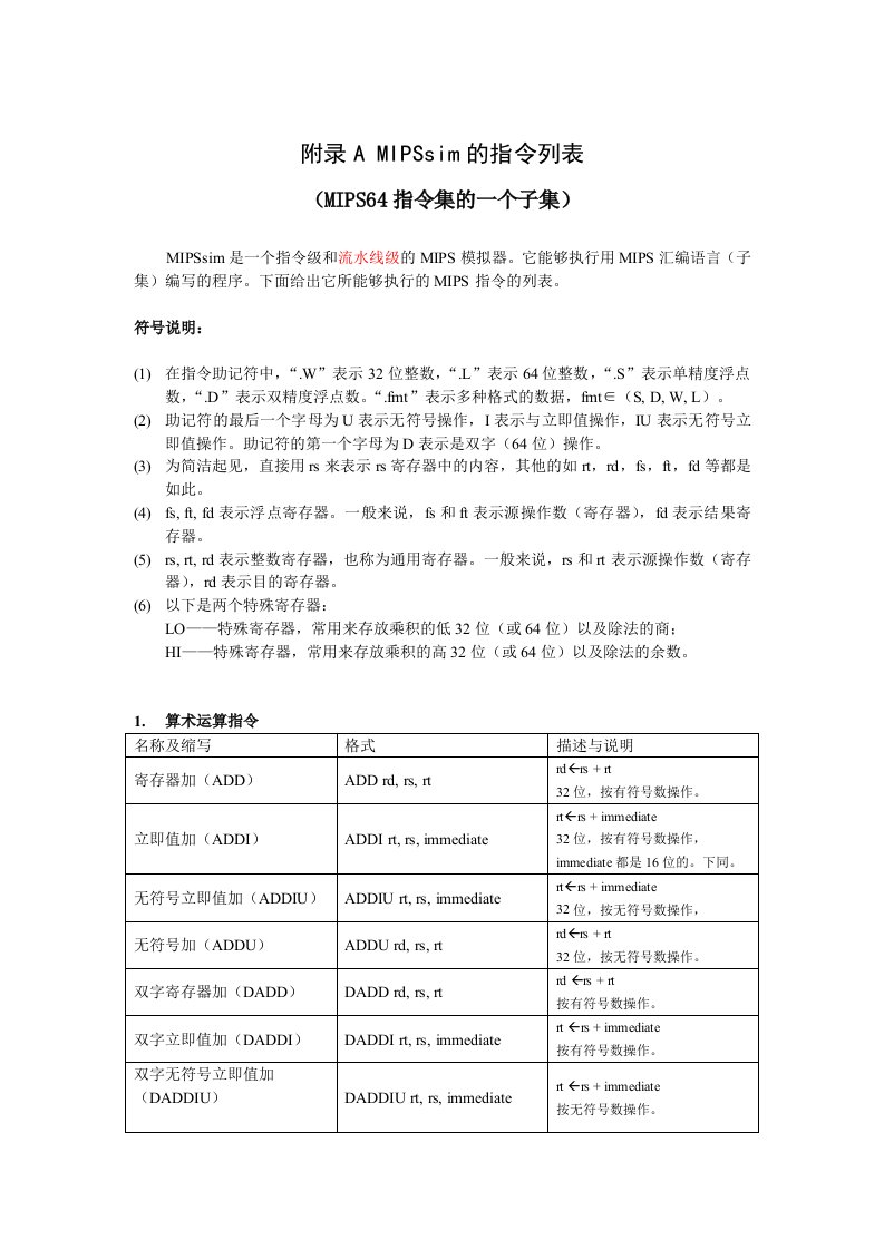 附录AMIPSsim的指令列表