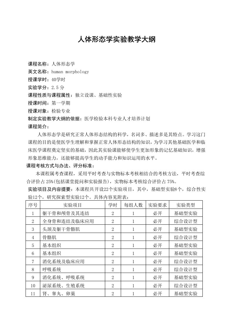 人体形态学实验教学大纲