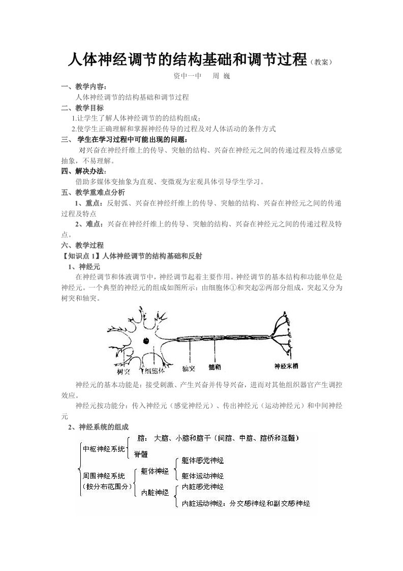 人体神经调节的结构基础和调节过程教案