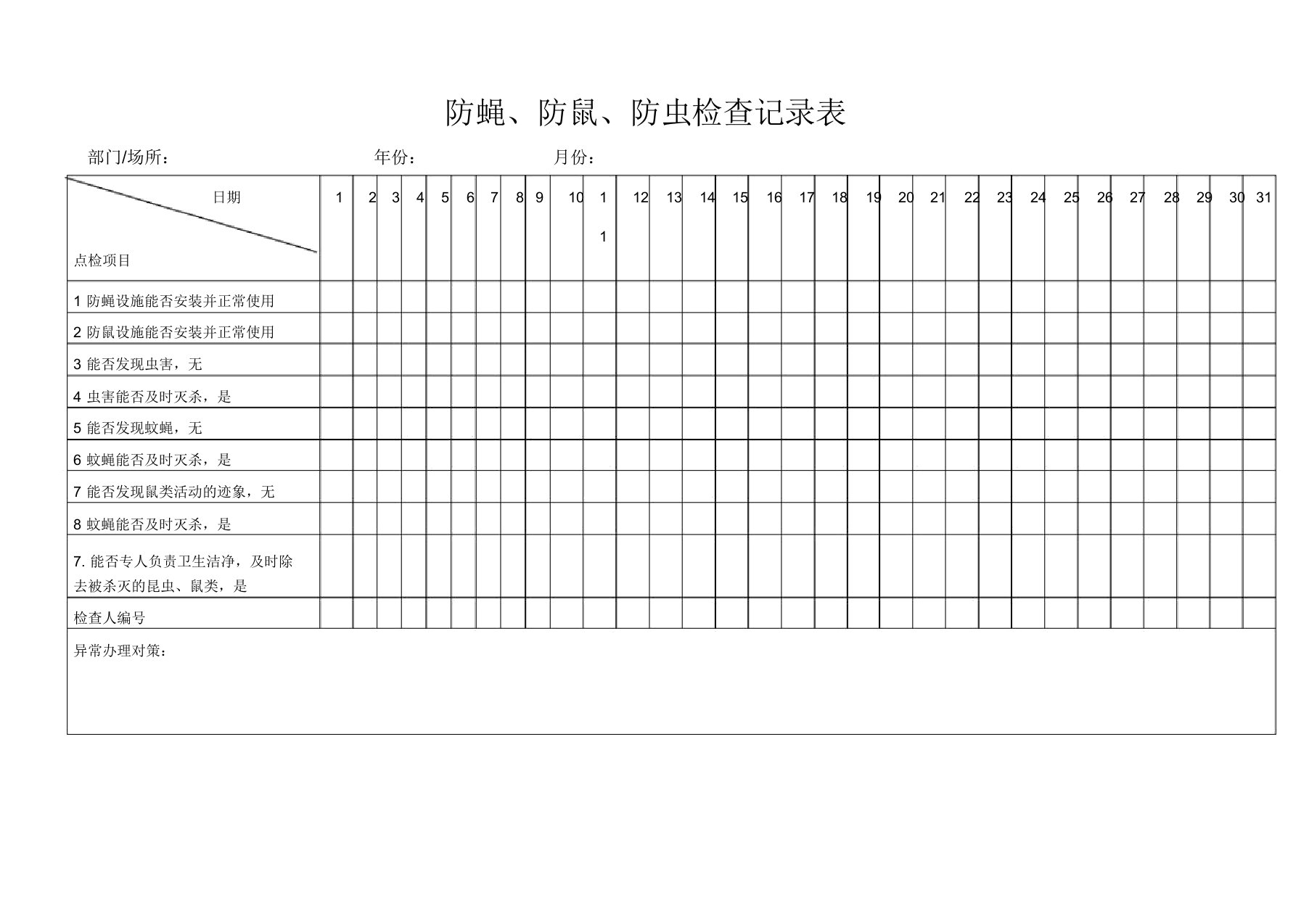 防蝇防鼠防虫检查学习记录标准表格格