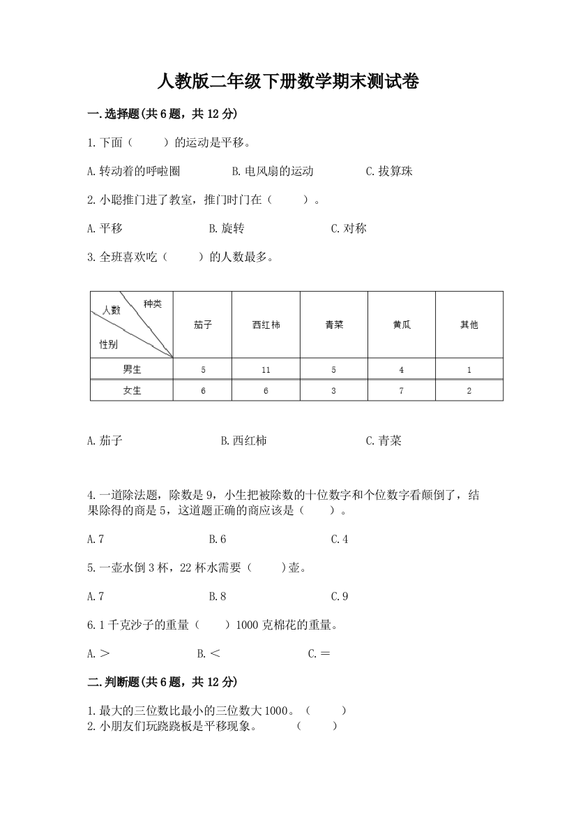 人教版二年级下册数学期末测试卷精品【网校专用】