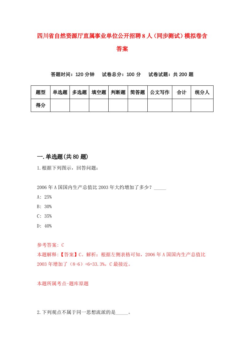 四川省自然资源厅直属事业单位公开招聘8人同步测试模拟卷含答案0