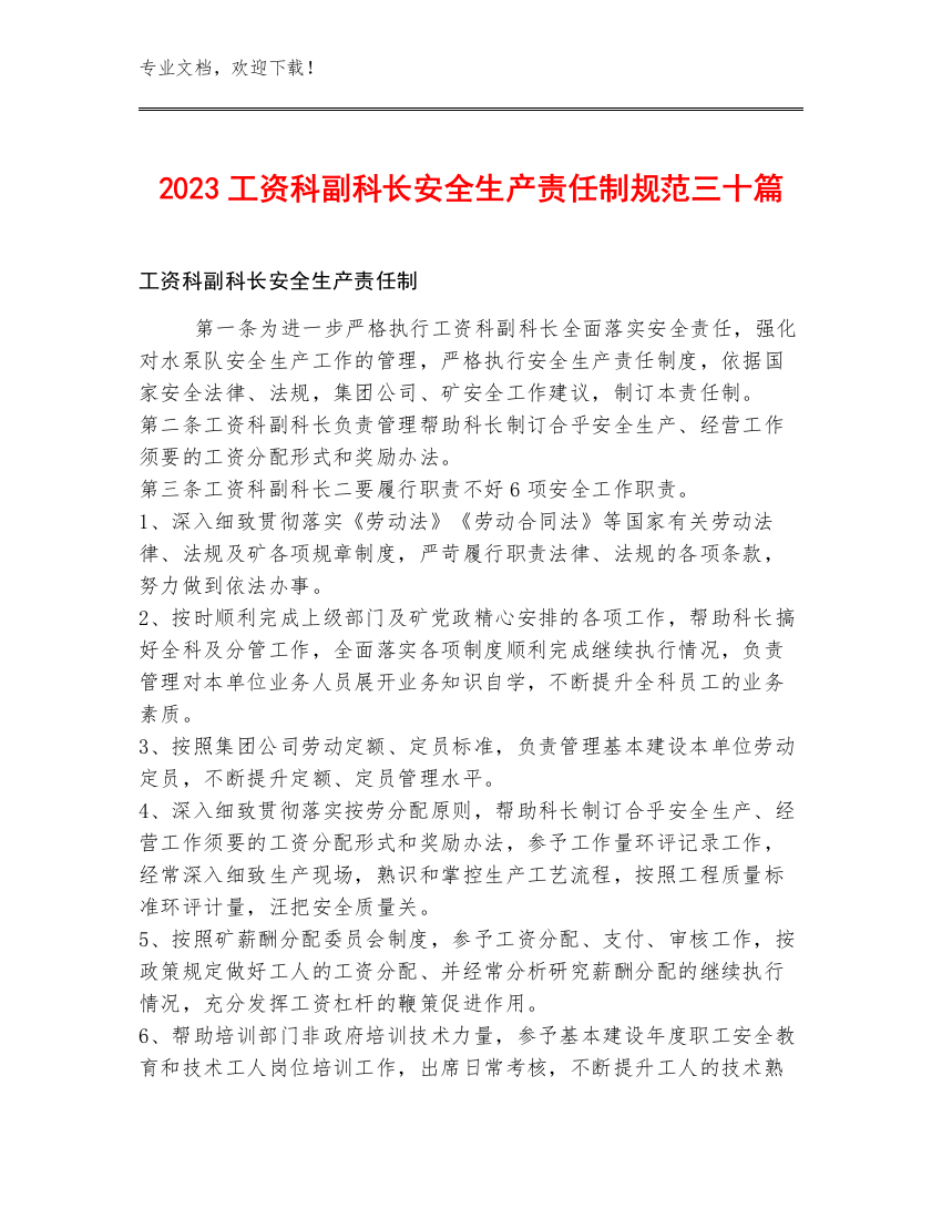 2023工资科副科长安全生产责任制规范三十篇