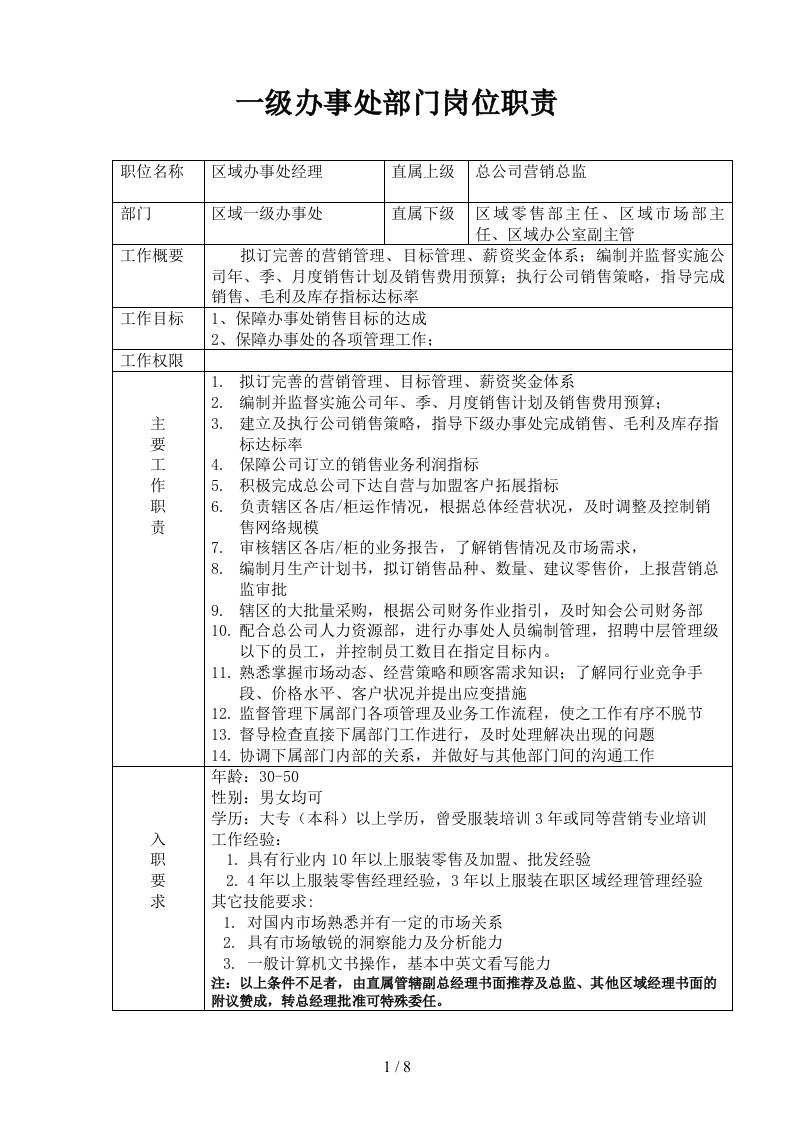 一级分公司办事处部门岗位职责