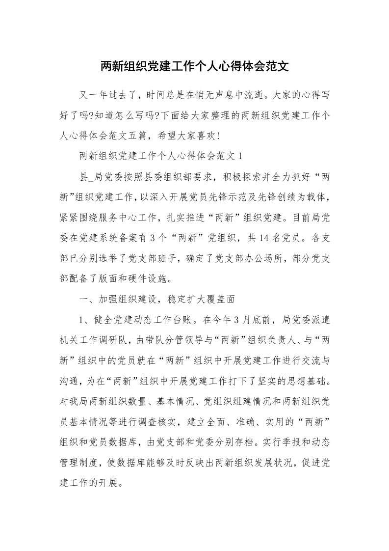 工作心得_两新组织党建工作个人心得体会范文