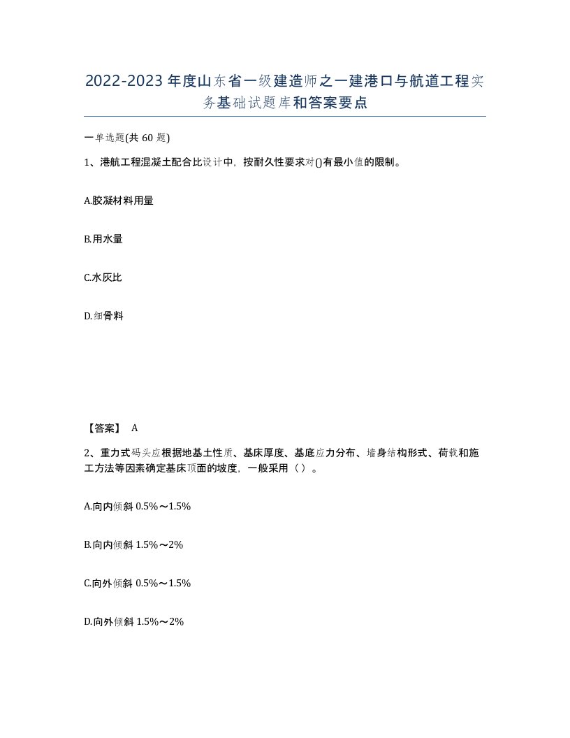 2022-2023年度山东省一级建造师之一建港口与航道工程实务基础试题库和答案要点