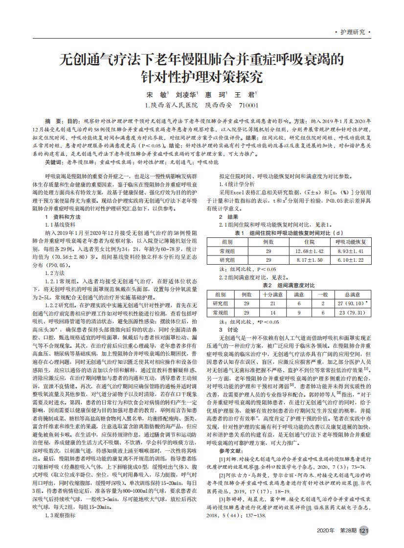 无创通气疗法下老年慢阻肺合并重症呼吸衰竭的针对性护理对策探究论文