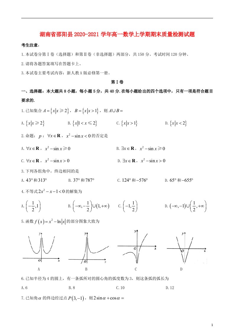 湖南省邵阳县2020_2021学年高一数学上学期期末质量检测试题