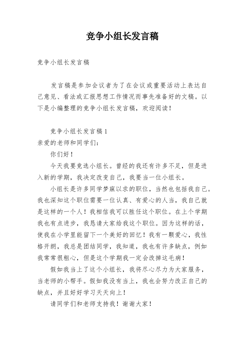 竞争小组长发言稿