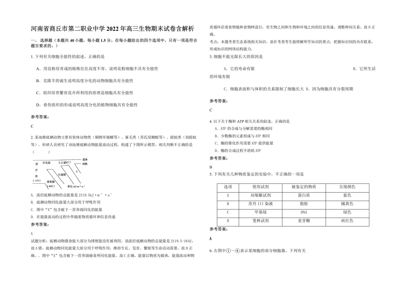 河南省商丘市第二职业中学2022年高三生物期末试卷含解析