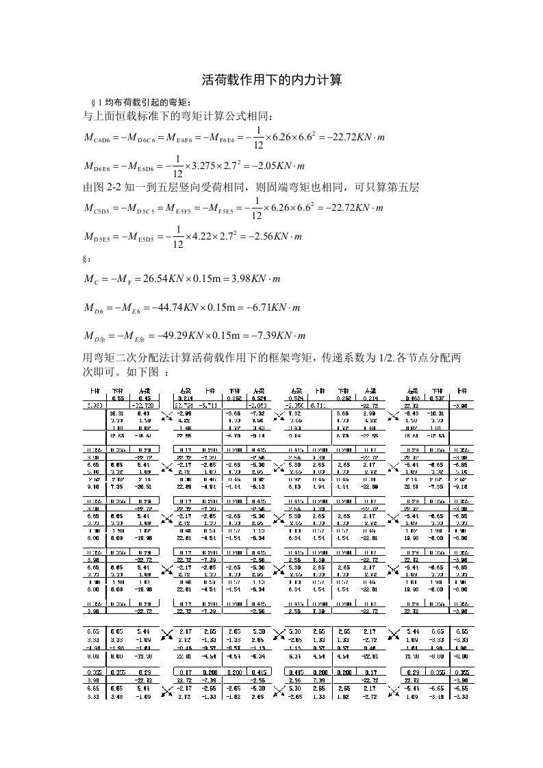 六层框架建筑在活荷载作用下的内力计算