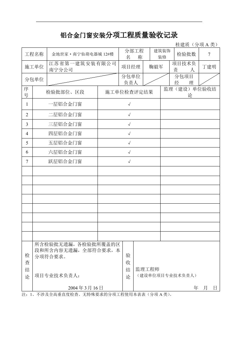 铝合金安装分项工程验收记录